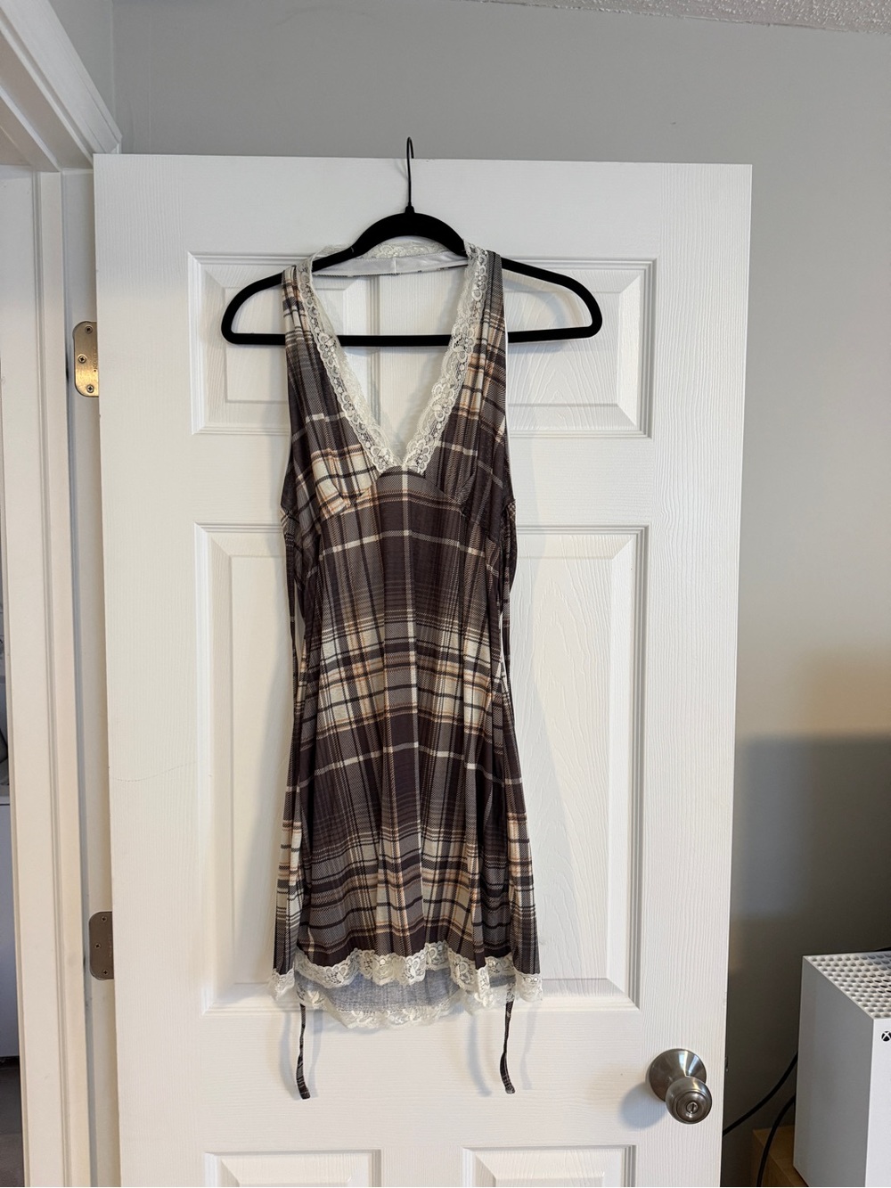 Lace-Trim Plaid Mini Dress in Brown